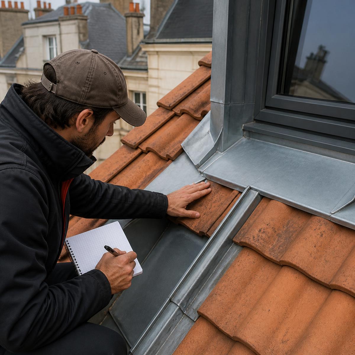 Couvreur inspectant les tuiles et la zinguerie d’une toiture